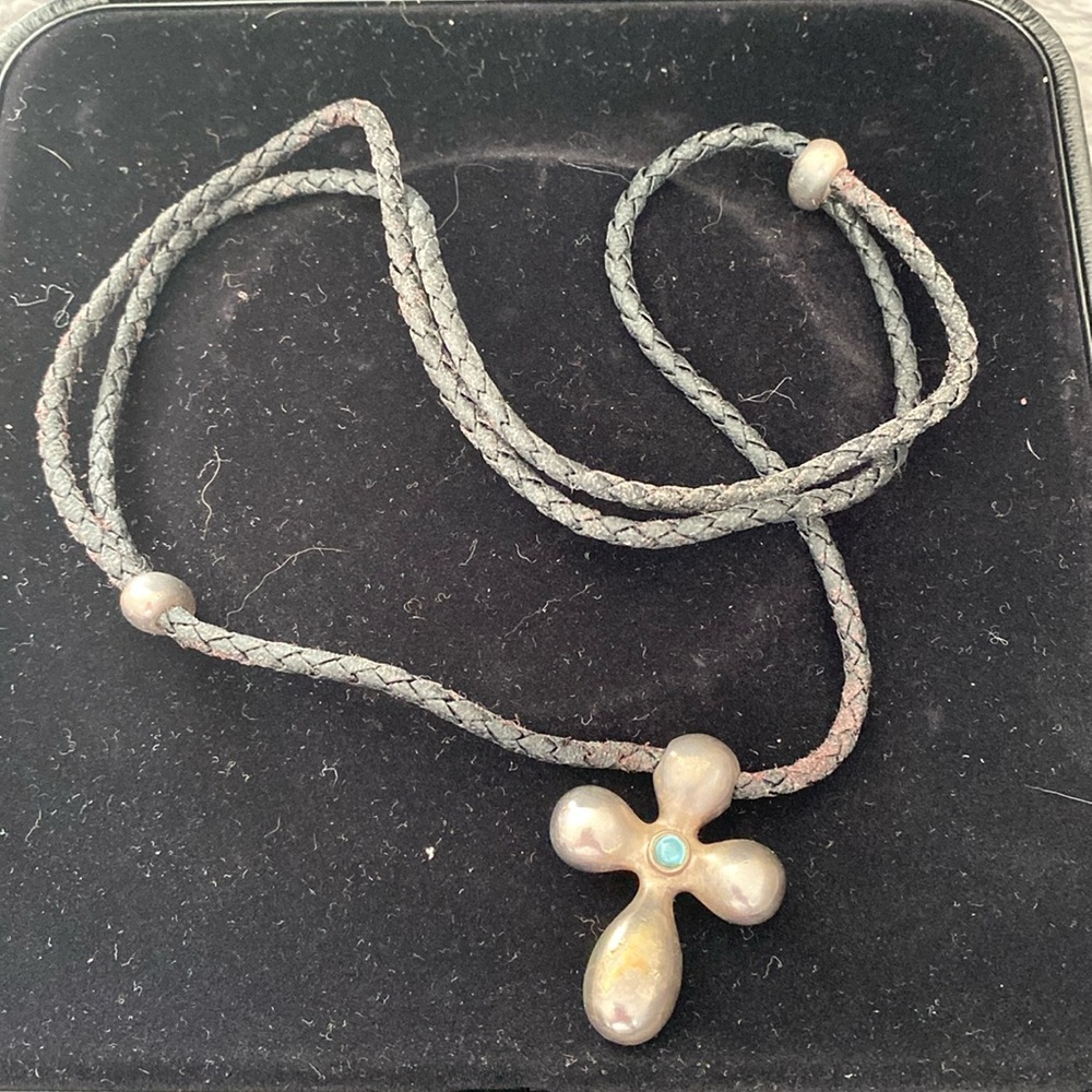 Danish vintage RAUFF sterling silver braided leather strap slide necklace cross